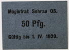 Sohrau, Oberschlesien 50 Pfennig Schein über 50 Pfennig hellblaugrau, gültig bis 1. IV. 1920 -