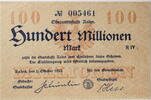 Aalen, Oberamtsstadt 100000000 Mark Schein über Hundert Millionen Mark -