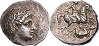 Paionien Tetradrachme Patraos, Kopf des Apollon / paionischer Reiter und Feind -