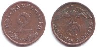 Drittes Reich 2 Reichspfennig 2 Reichspfennig - mit Hakenkreuz -