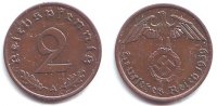 Drittes Reich 2 Reichspfennig 2 Reichspfennig - mit Hakenkreuz -