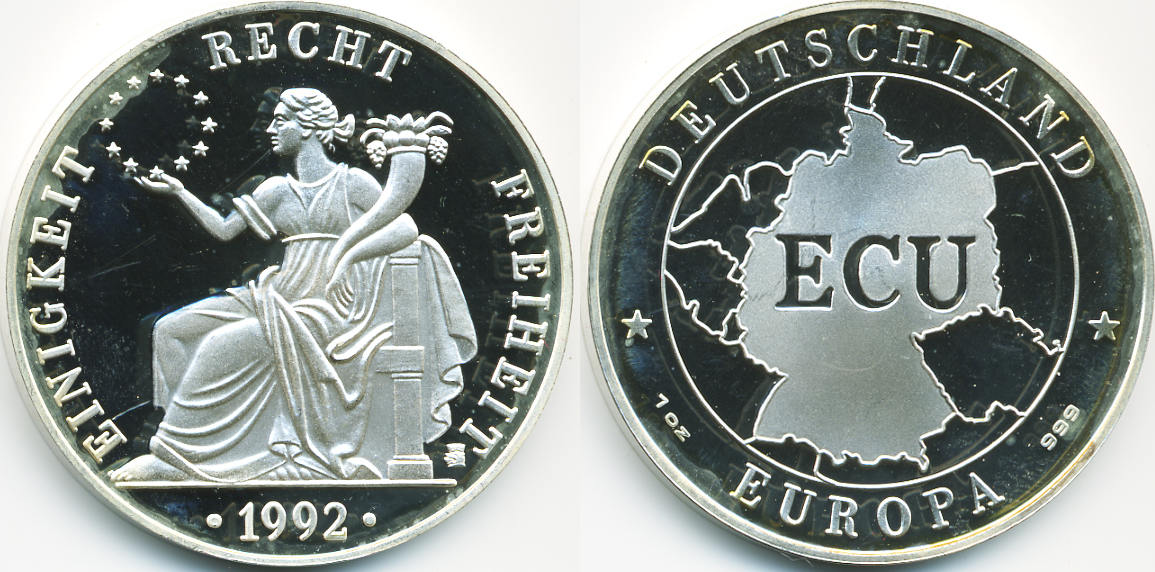 BRD ECU Silbermedaille 1992 Einigkeit und
