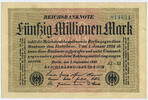 Deutsches Reich Inflation 1919-1924 50 Millionen Mark Rosenberg Nr. 108f – Papier weiß WZ Hakensterne KN dunkelblau mit FZ AE schwarz -