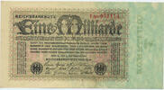 Deutsches Reich Inflation 1919-1924 1 Milliarde Mark Rosenberg Nr. 111b – Firmendruck WZ Distelstreifen KN 6stellig FZ rot AG -