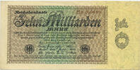Deutsches Reich Inflation 1919-1924 10 Milliarden Mark Rosenberg Nr. 113b – Firmendruck WZ Distelstreifen KN 6stellig braun FZ braun X -