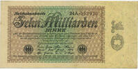Deutsches Reich Inflation 1919-1924 10 Milliarden Mark Rosenberg Nr. 113c – Firmendruck WZ Distelstreifen KN 6stellig braun FZ schwarz -