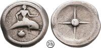 Tarent (Calabria) Nomos/Stater Taras auf Delphin / Rad mit vier Speichen, seltene spätarchaische Prägung, -
