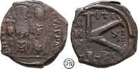Iustinus II (565-578) Halbfollis (20 Nummi) Thessalonica, Iustin & Sophia / Wertzeichen, mit Φ + C (Phos), sehr selten, -