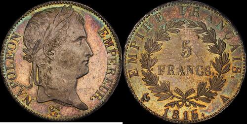 Frankreich 5 Francs Cent-Jours Napoleon Hundred Days  1815-A MS62 Prooflike flan miroir