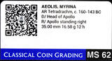 CCG-MS62, Aeolis Myrina. Tetradrachm. 160-143 BC. 35mm, 16,58gr.