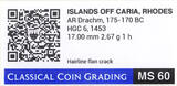 Very Rare-CCG-MS60: ISLANDS off CARIA, Rhodos.Circa 175-170 BC. AR Drachm