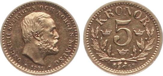 Schweden 5 Kronen 1901 EB Oscar II. SUP+ | MA-Shops