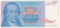 Yugoslavia 5000 Dinara 1994 Yugoslavia 5000 Dinara 1994 OBRADOVIC Pick#1... 5,00 EUR  + 10,00 EUR frais d'envoi