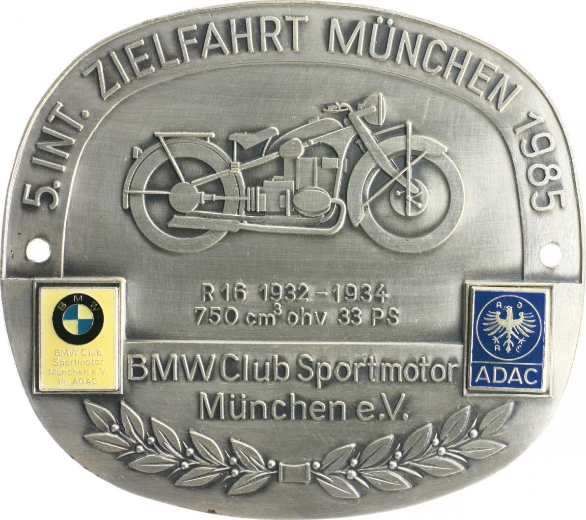 Auto und Motorrad Bronze-Plakette, versilbert 1985 a.d. 5. Int. Zielfahrt  München des BMW Club Sportmotor München e.V FDC-., mit 2 Montagelöchern