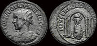 Mesopotamia AE25 Mesopotamia Nisibis Philip II AE25 Tyche seated in tetrastyle temple -