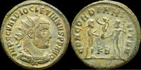 Roman radiate Diocletian AE post reform radiate emperor receiving Victory on globe -