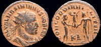 radiate follis 305-311AD Roman Galerius AE radiate follis emperor receiving Victory on globe from Jupiter VF+