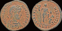 Roman AE maiorina Valentinian II AE maiorina emperor standing front with labarum and globe -
