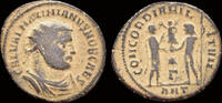 Roman radiate Maximianus Herculius AE radiate emperor accepting Victory on globe -