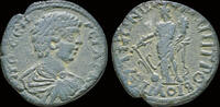 Phrygia AE22 Phrygia Peltae Geta as Caesarr AE22- Tyche standing left -
