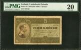 Iceland Iceland 5 Kronur 1928 (ND 1929) Pick-23 Very Fine PMG 20 (Scarce) -