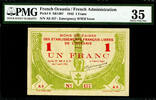 Franc French Oceania One Emergency WWII Issue Pick-8 Very Fine PMG 35 -
