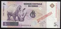 Congo 5 Francs CONGO - PICK 86 s - 5 FRANCS - SPECIMEN - 01/11/1997 -