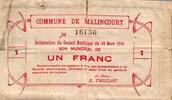 France 1 Franc 59 - MALINCOURT - BON MUNICIPAL - 1 FRANC - 10/03/1915 -