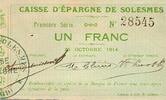 France 1 Franc 59730 - SOLESMES - CAISSE D'EPARGNE - 1 FRANC - 25/10/1914 - 1ERE SERIE -