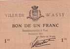 France 1 franc 1 Franc - Ville de Wassy - Novembre 1915 -