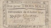 France 3 sols 3 sols - Sarthe - Municipalité de Mamers - R4 au Kolsky - 06-07-1792 -