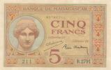 5 francs 1937 Madagaskar 5 Francs - Goddess Juno - 1937 - Sign. Chaudun - Serial R.2791 II / VZ