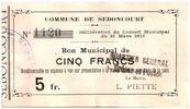 France 5 francs 5 Francs Seboncourt Commune - 1915 -