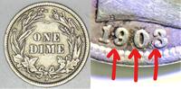 USA 1903/1903 -O Repunched Date Barber Dime; vz 154,59 EUR  + 13,73 EUR frais d'envoi