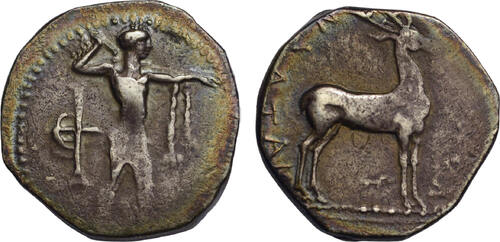 Bruttium, Kaulonia AR didrachm c. 400-388 BC Apollo standing right, bird-trap/Stag right, pedigree t