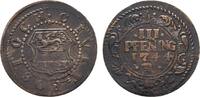 Mecklenburg-Rostock, Stadt Cu 3 Pfennig 1744 R Minimal gebogen, TTB
