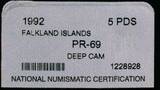 FALKLAND ISLANDS , KM# 36a , Silver, 5 Pounds, 1992, Proof, 10th Anniversary of Liberation. Coin has been removed from the Natio