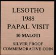 LESOTHO, KM# 50 , Silver, 10 Maloti, 1988, Proof, Pope John Paul II. Comes with a Receipt of the Central Bank of Lesotho and Le