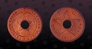 BELGIAN CONGO 1 Centime BELGIAN CONGO , KM# 15 , Copper, 1 Centime, 1910, Mint Strike, With round hole in the center of the coin. Excellent coin in Choi -
