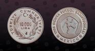 TURKEY 10000 Lira TURKEY, KM# 986 , Silver, 10000 Lira, 1986, Proof, 1986 World Championship Soccer - Mexico. Coin in excellent condition! -