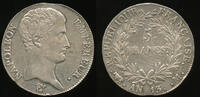 France 5 Francs Napoleon I. 1804-1814 Toulouse mint -