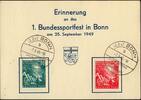 Bundesrepublik Deutschland 10-20 Pfg. 1949 1. Bundestag auf Erinnerungskarte ans Bundessportfest mit Ersttagsonderstempel gestempelt / Erinnerung...