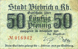 ALLEMAGNE - BILLETS DE NECESSITE (1914-1923) A - J 50 pfennig Biebrich am Rhein. Stadt. Billet. -