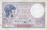 BILLETS DE LA BANQUE DE FRANCE 5 francs Banque de France. Billet. violet, 13.7.1939, modifié -