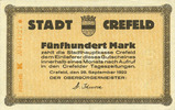 ALLEMAGNE - BILLETS DE NECESSITE (1914-1923) A - J 500 mark Crefeld. Stadt. Billet. -