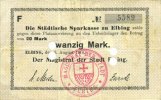 ALLEMAGNE - BILLETS DE NECESSITE (1914-1923) A - J 20 mark Elbing (Elblag, Pologne). Städtische Sparkasse. Billet. (1918) -