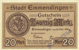 ALLEMAGNE - BILLETS DE NECESSITE (1914-1923) A - J 20 mark Emmendingen. Stadt. Billet. 30.10.1918, original, N° 165 ! -
