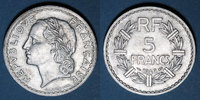 MONNAIES MODERNES FRANCAISES 5 francs Gouvernement Provisoire (1944-1947). Lavrillier aluminium -