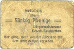 ALLEMAGNE - BILLETS DE NECESSITE (1914-1923) A - J 50 pfennig Erbach-Reiskirchen. Gemeinde. Billet. au dos, numérotation manuscrite en noir... -