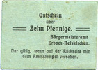ALLEMAGNE - BILLETS DE NECESSITE (1914-1923) A - J 10 pfennig Erbach-Reiskirchen. Gemeinde. Billet. au dos, numérotation manuscrite en noir... -